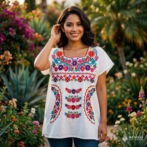 Mexican Embroidered Blouse – Handmade Otomi Floral design  LARGE